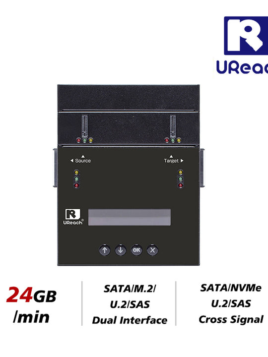 U-Reach SPU201は、1対1のスタンドアロン型M.2 NVMe/SATA/U.2/SASデュプリケーターおよびイレーザーで、NVMEおよびSATAデバイスに対応しています。最大24GB/分の超高速複製が可能です